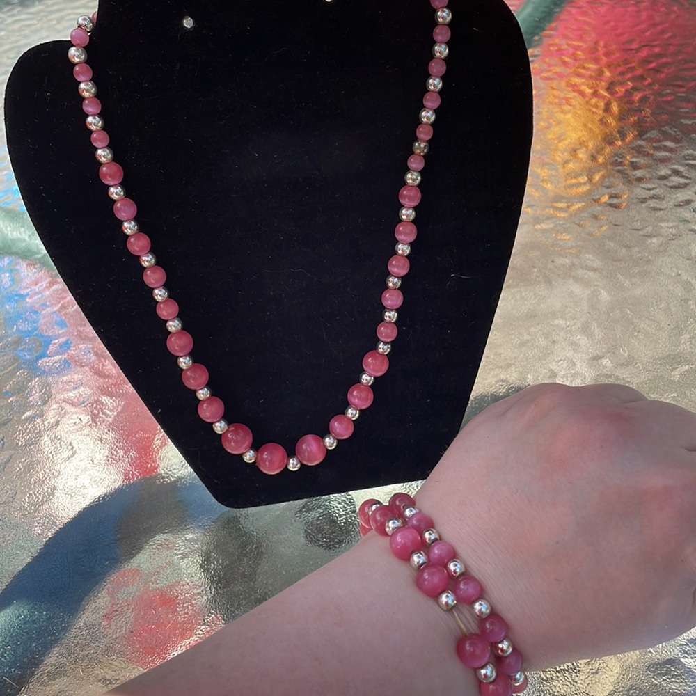 Pink Beaded Necklace and Bracelets Set